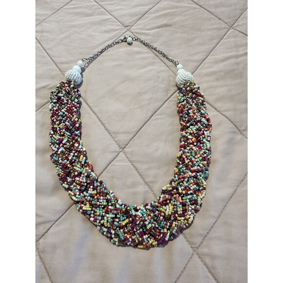 Hand Beaded Seed Bead Colorful Braided Multicolored Necklace Fun Summer Boho - Picture 1 of 3